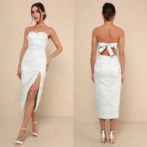 Lulu's Beloved Belle Mint Green Jacquard Strapless Bow Midi Dress S Wedding NWT